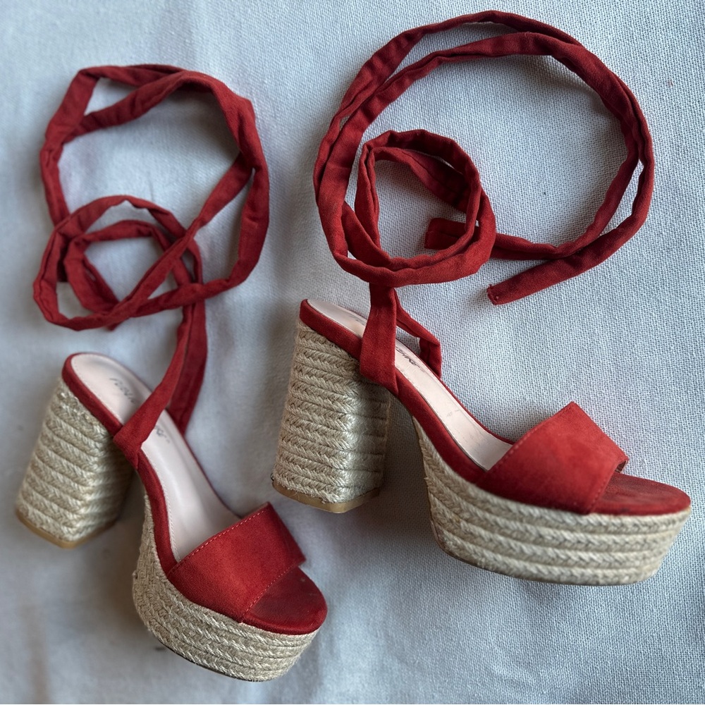 ASOSxPUBLIC DESIRE Platform Jute Block Heel Sandal | Faux Suede Red Straps | 5